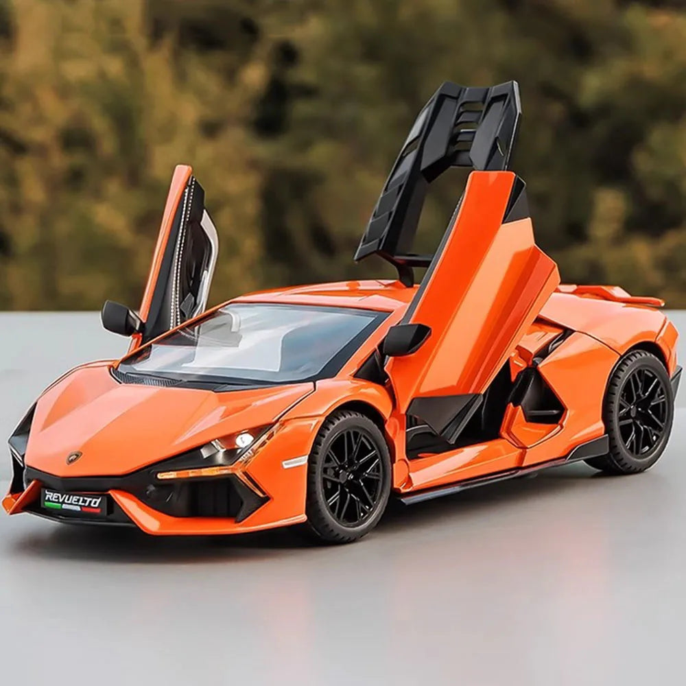 1:24 REVUELTO Alloy Diecast Model Car Toys Sports Cars 4 Doors Opened Pull Back Sound Light Racing Vehicle Festival Gift for Boy