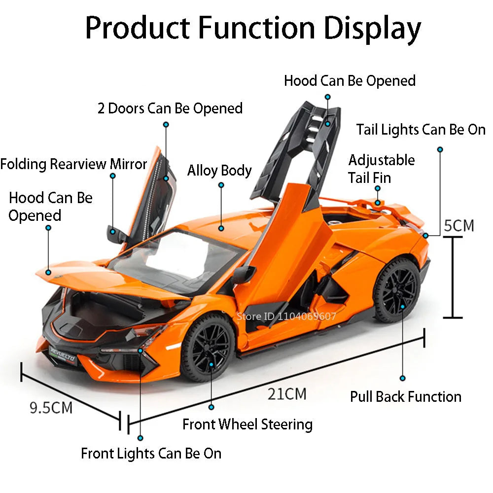 1:24 REVUELTO Alloy Diecast Model Car Toys Sports Cars 4 Doors Opened Pull Back Sound Light Racing Vehicle Festival Gift for Boy