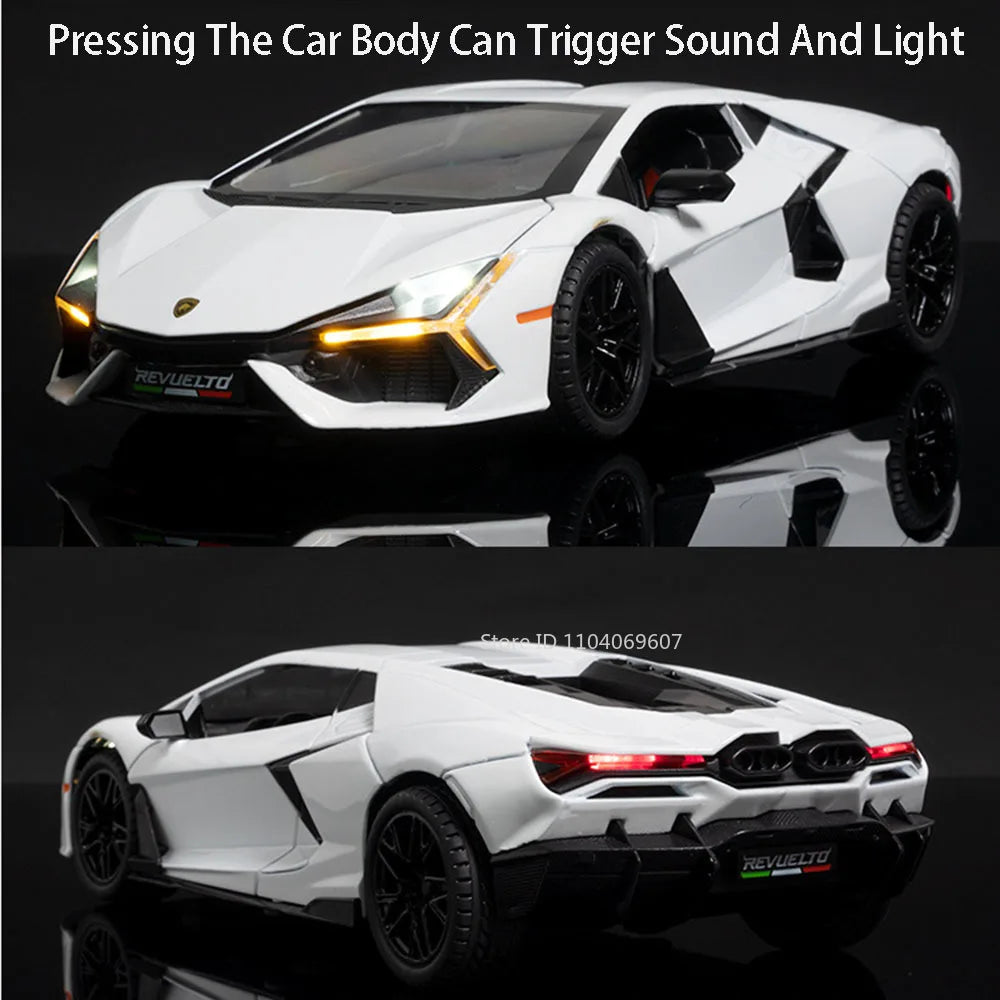1:24 REVUELTO Alloy Diecast Model Car Toys Sports Cars 4 Doors Opened Pull Back Sound Light Racing Vehicle Festival Gift for Boy