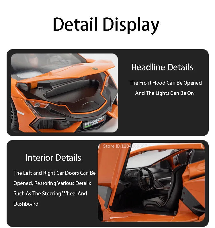 1:24 REVUELTO Alloy Diecast Model Car Toys Sports Cars 4 Doors Opened Pull Back Sound Light Racing Vehicle Festival Gift for Boy