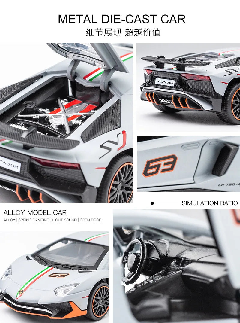 1:32 Lamborghini Aventador SVJ LP780-4 Super Sports Car Alloy Metal Diecast Model Car Sound & Light Collect Hobby Ornaments Gift