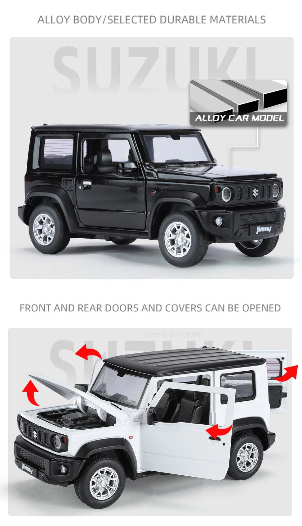 1:24 Suzuki Jimny Car Model Toys Alloy Diecast SUV 4 Doors Opened Pull Back Sound Light Shock Absorption Ornament Vehicles Gifts