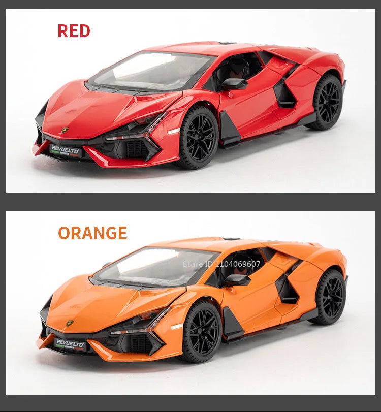 1:24 REVUELTO Alloy Diecast Model Car Toys Sports Cars 4 Doors Opened Pull Back Sound Light Racing Vehicle Festival Gift for Boy