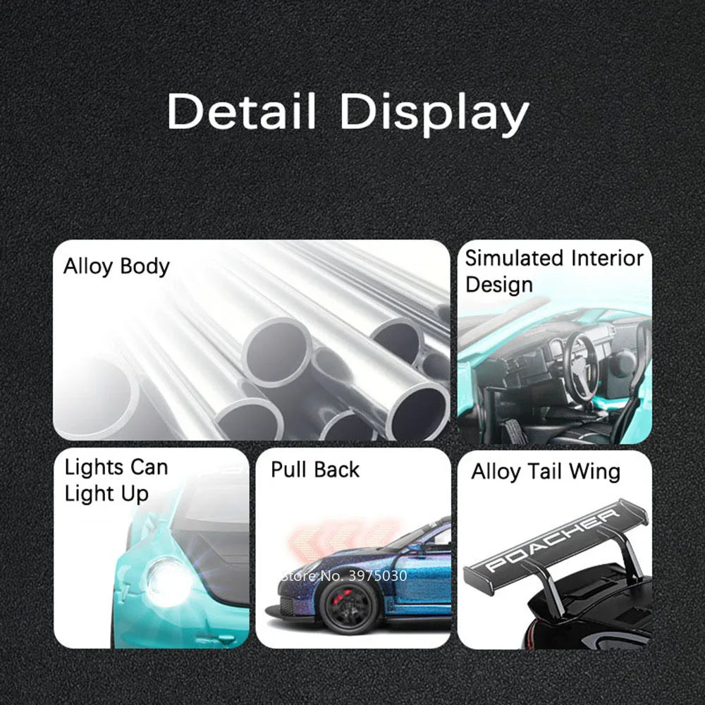 1:32 Alloy Diecast GT3 RS Toys Cars Models Wheel Pull Back 4 Doors Opened Supercar with Light Sound Sports Car Child Adult Gifts