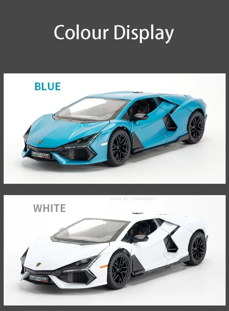 1:24 REVUELTO Alloy Diecast Model Car Toys Sports Cars 4 Doors Opened Pull Back Sound Light Racing Vehicle Festival Gift for Boy