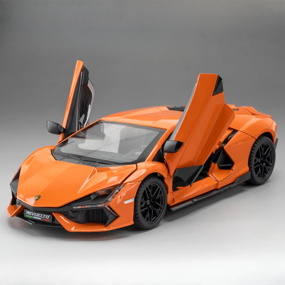 1:24 REVUELTO Alloy Diecast Model Car Toys Sports Cars 4 Doors Opened Pull Back Sound Light Racing Vehicle Festival Gift for Boy