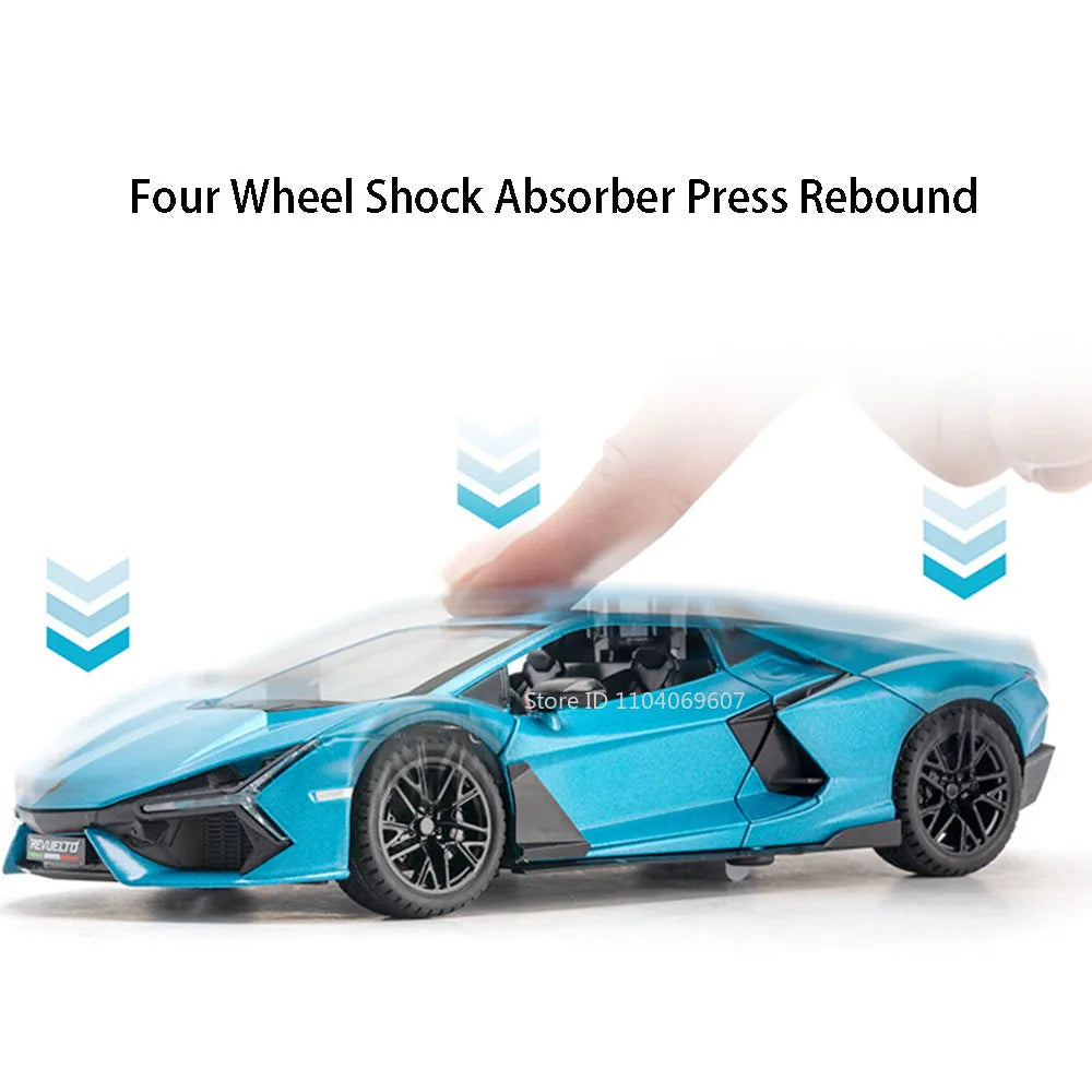1:24 REVUELTO Alloy Diecast Model Car Toys Sports Cars 4 Doors Opened Pull Back Sound Light Racing Vehicle Festival Gift for Boy