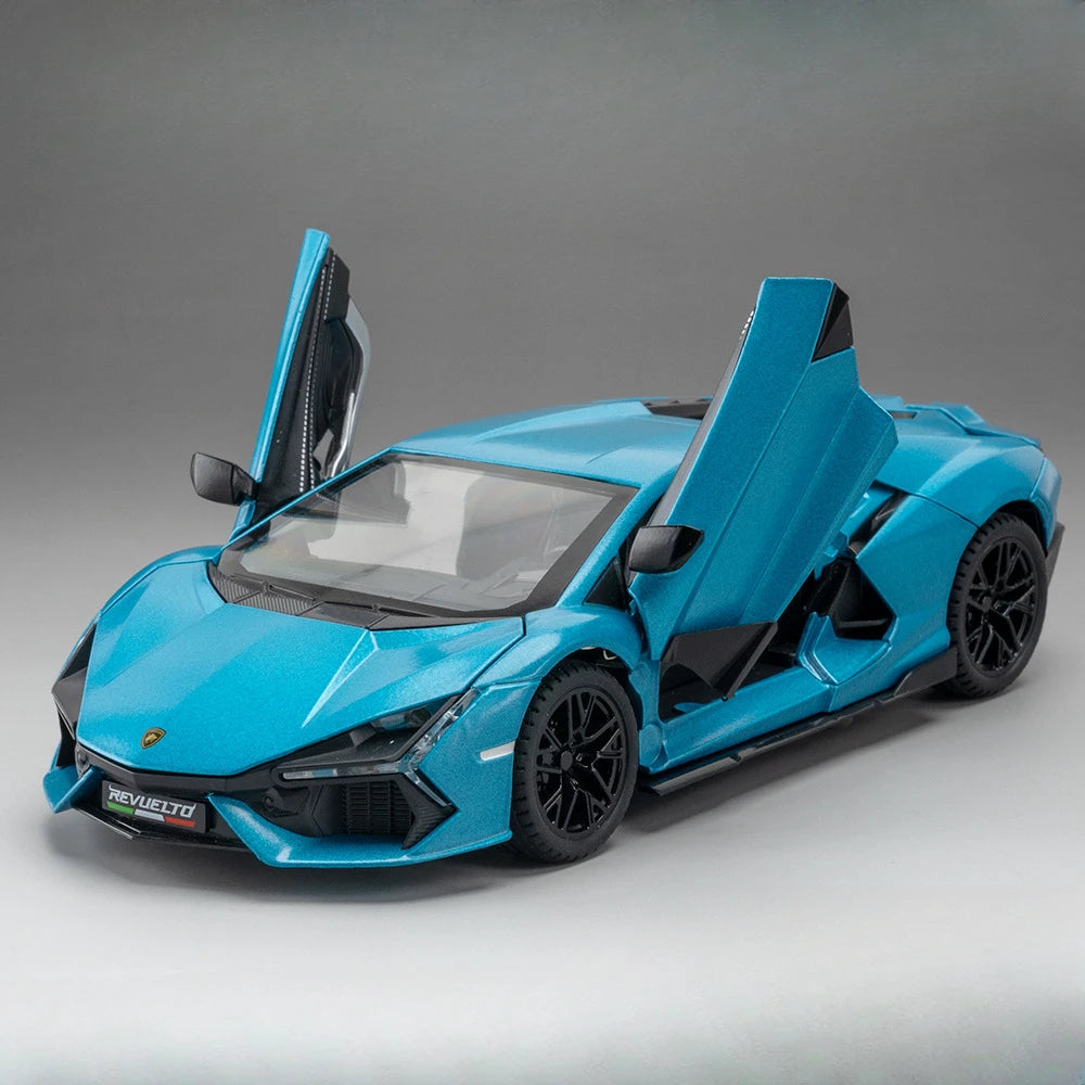 1:24 REVUELTO Alloy Diecast Model Car Toys Sports Cars 4 Doors Opened Pull Back Sound Light Racing Vehicle Festival Gift for Boy