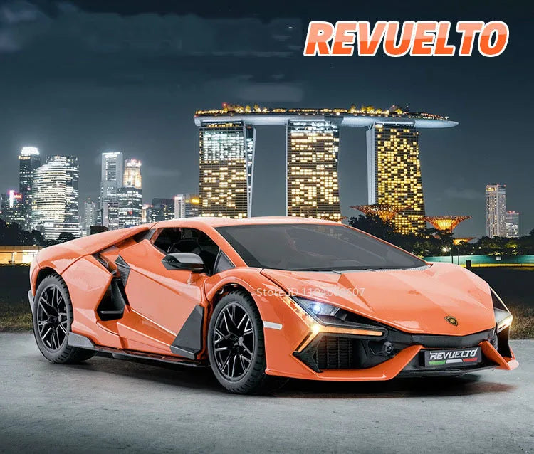 1:24 REVUELTO Alloy Diecast Model Car Toys Sports Cars 4 Doors Opened Pull Back Sound Light Racing Vehicle Festival Gift for Boy