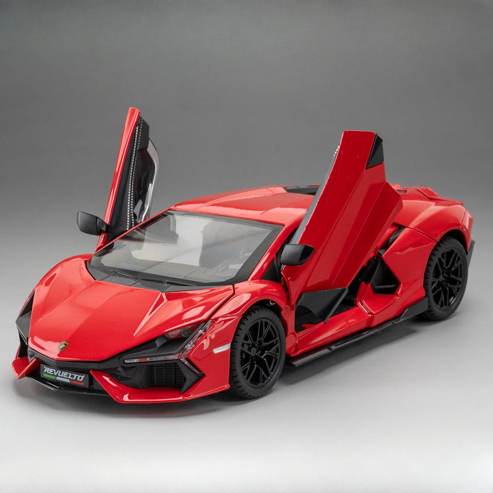 1:24 REVUELTO Alloy Diecast Model Car Toys Sports Cars 4 Doors Opened Pull Back Sound Light Racing Vehicle Festival Gift for Boy