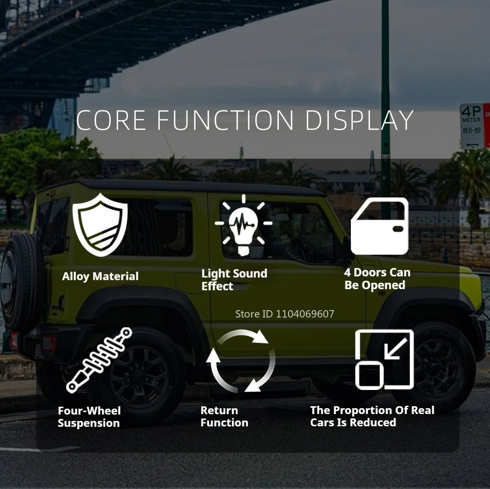 1:24 Suzuki Jimny Car Model Toys Alloy Diecast SUV 4 Doors Opened Pull Back Sound Light Shock Absorption Ornament Vehicles Gifts