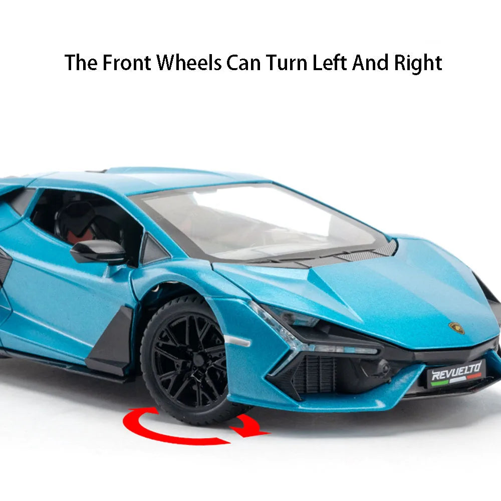 1:24 REVUELTO Alloy Diecast Model Car Toys Sports Cars 4 Doors Opened Pull Back Sound Light Racing Vehicle Festival Gift for Boy