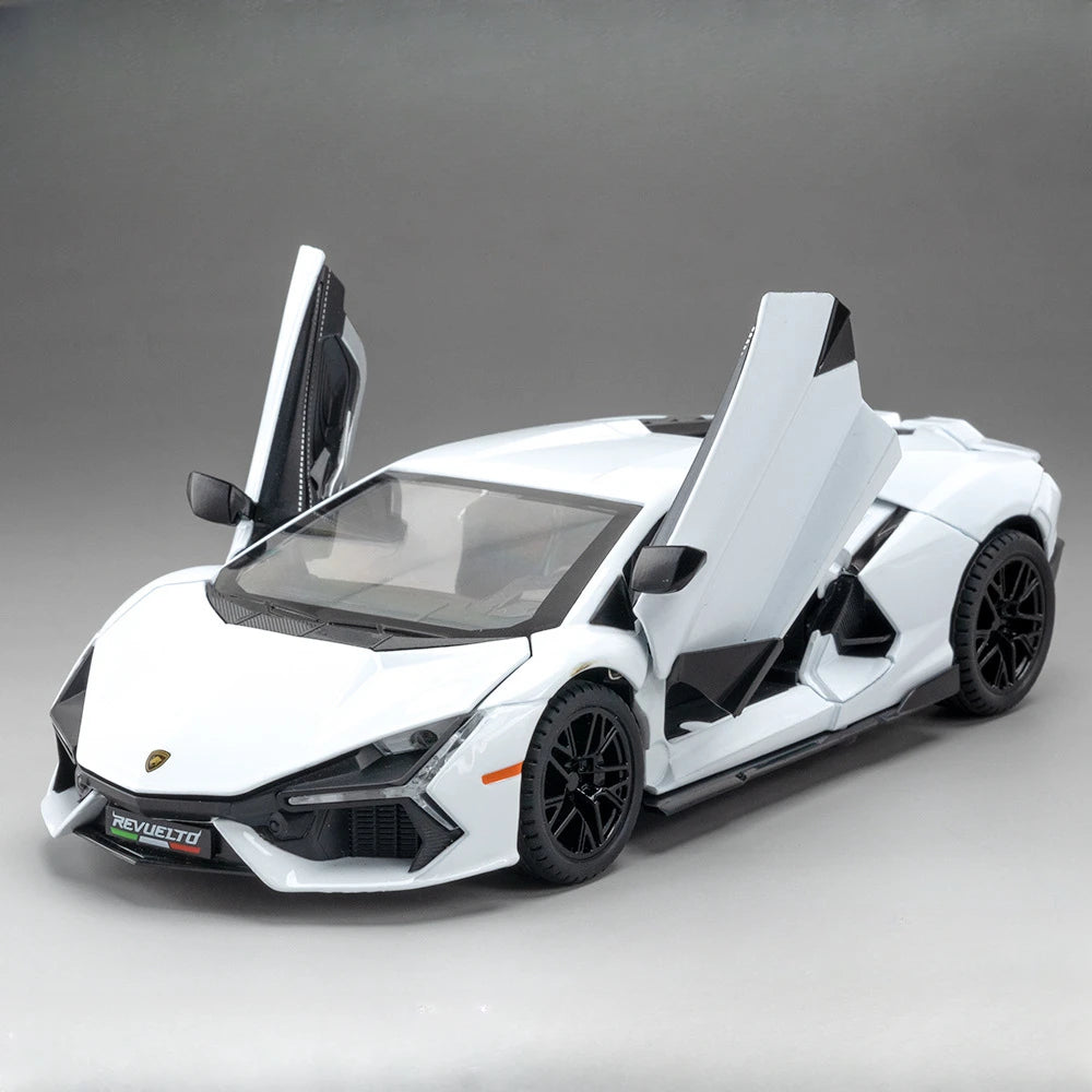 1:24 REVUELTO Alloy Diecast Model Car Toys Sports Cars 4 Doors Opened Pull Back Sound Light Racing Vehicle Festival Gift for Boy
